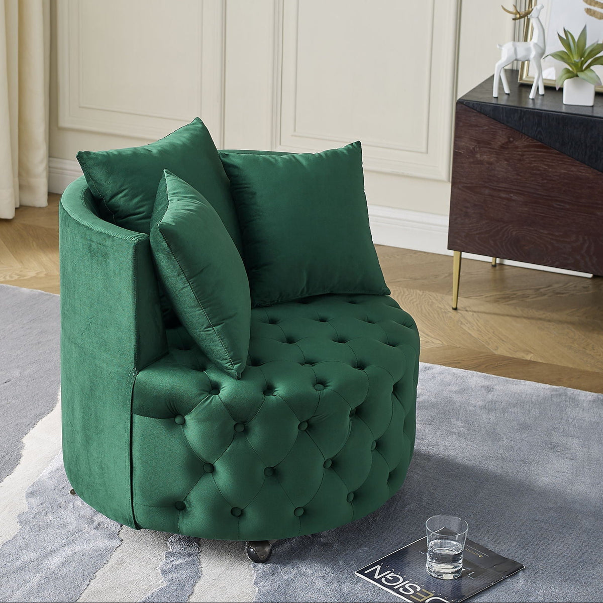 Modern Upholstered Swivel Chair With Button Tufted Design And Movable Wheels