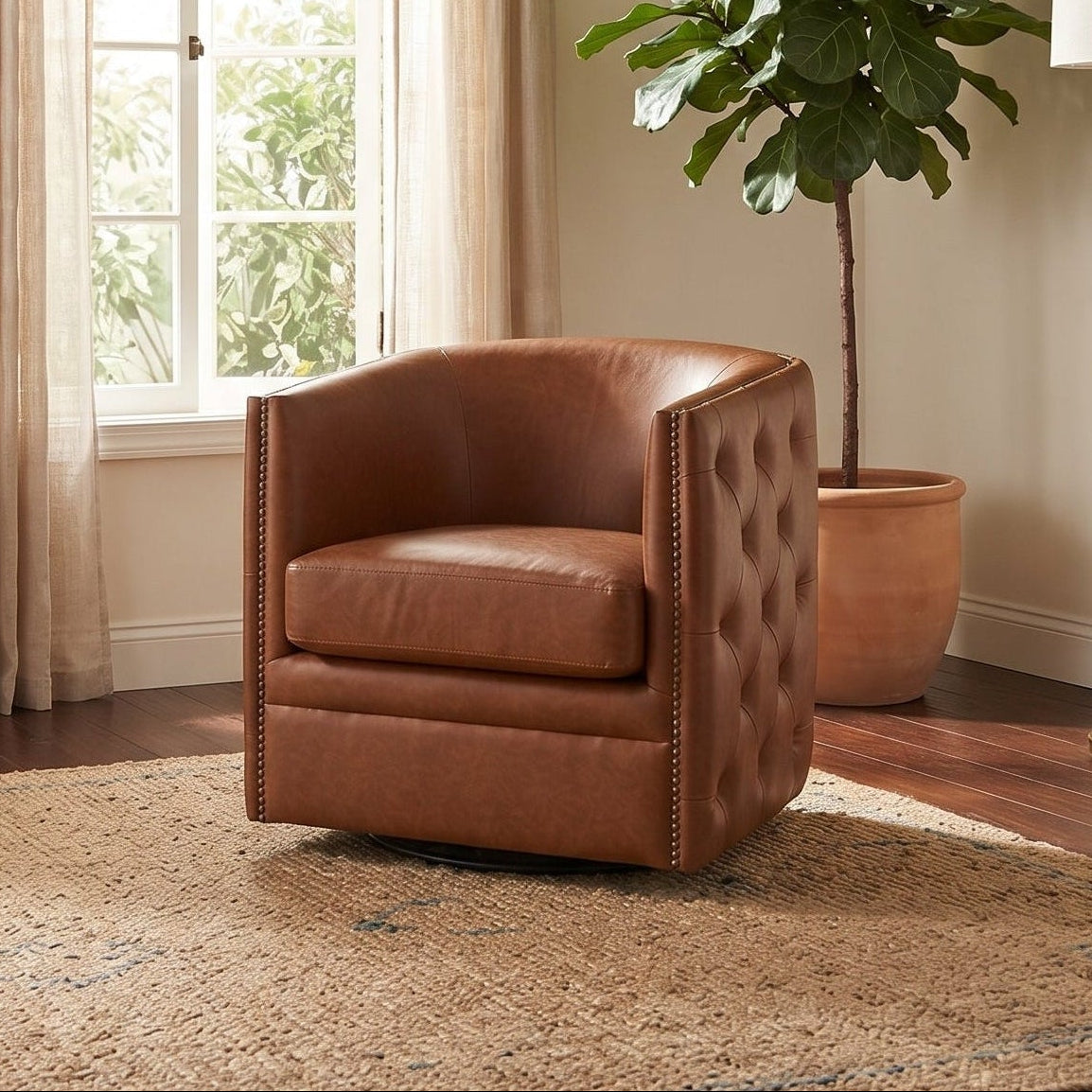 Swivel Chair With Tufted Barrel Design And Nailhead Accents