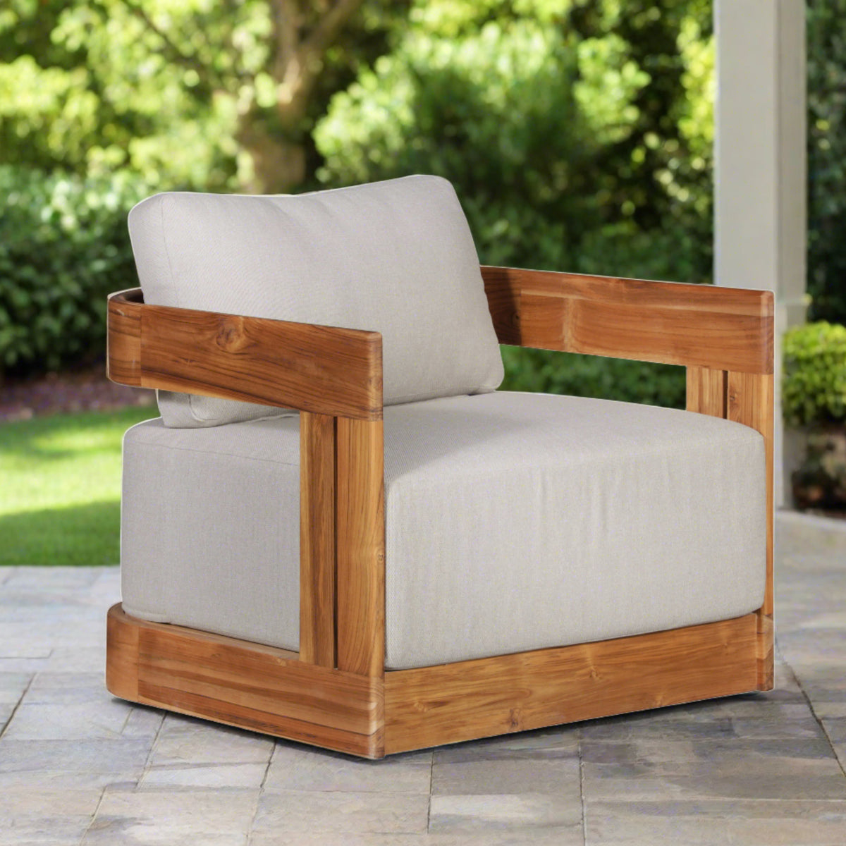 Paradiso Outdoor Solid Teak Swivel Chair - Gray Fabric