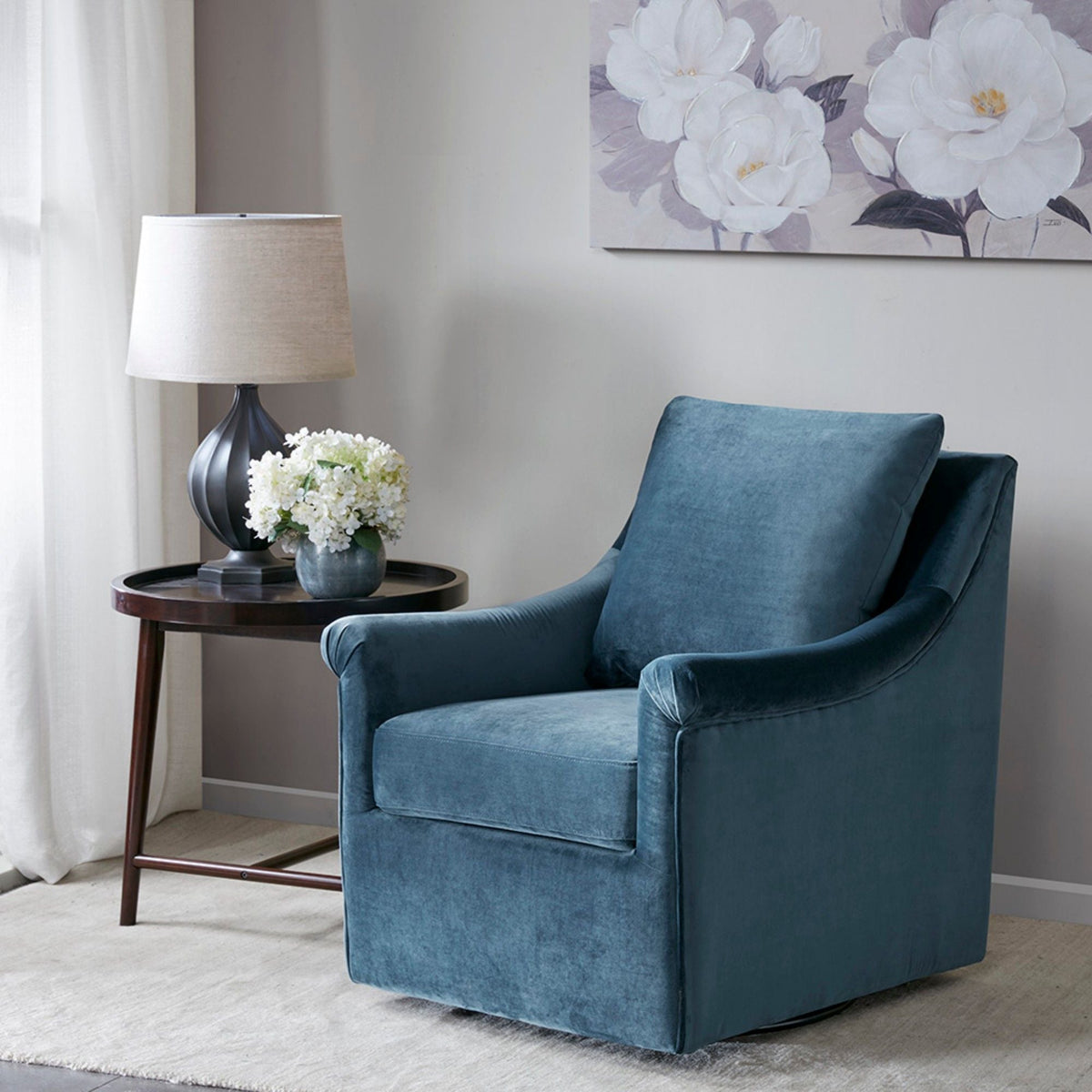 The SPRINT-R18 Curved-Arm Blue Velvet Studio Swivel Chair